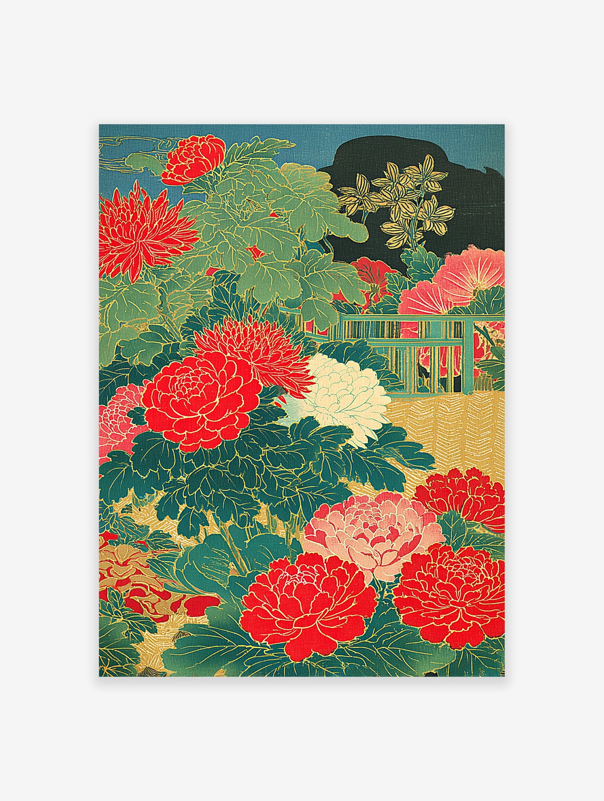 Japanese peony poster with vibrant red flowers, green leaves, and a traditional fence detail on a dark teal background.