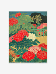 Japanese peony poster with vibrant red flowers, green leaves, and a traditional fence detail on a dark teal background.