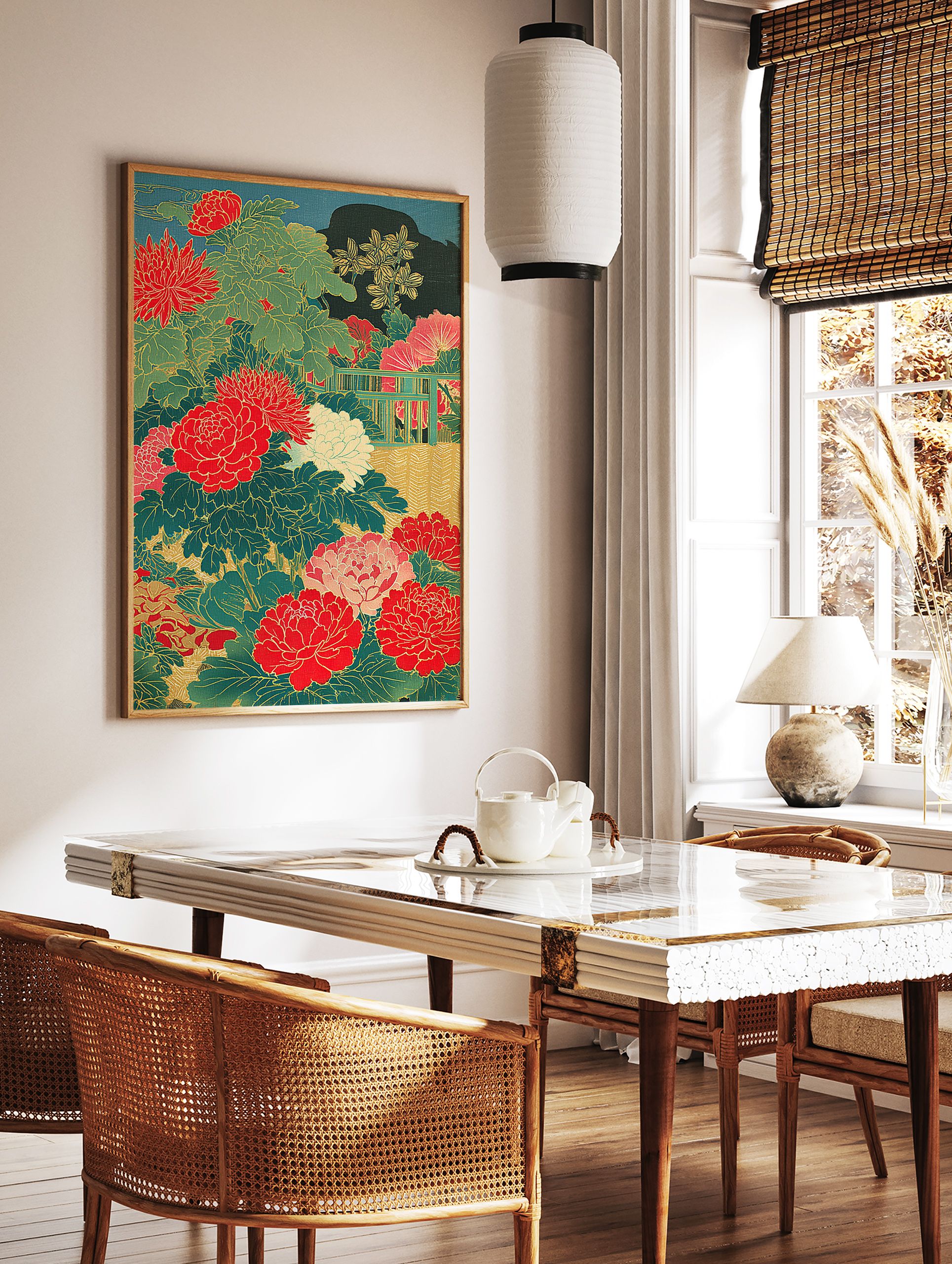 Japanese peony poster with vibrant red flowers, green leaves, and a traditional fence detail on a dark teal background. - Image 2