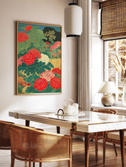 Japanese peony poster with vibrant red flowers, green leaves, and a traditional fence detail on a dark teal background. - Image 2