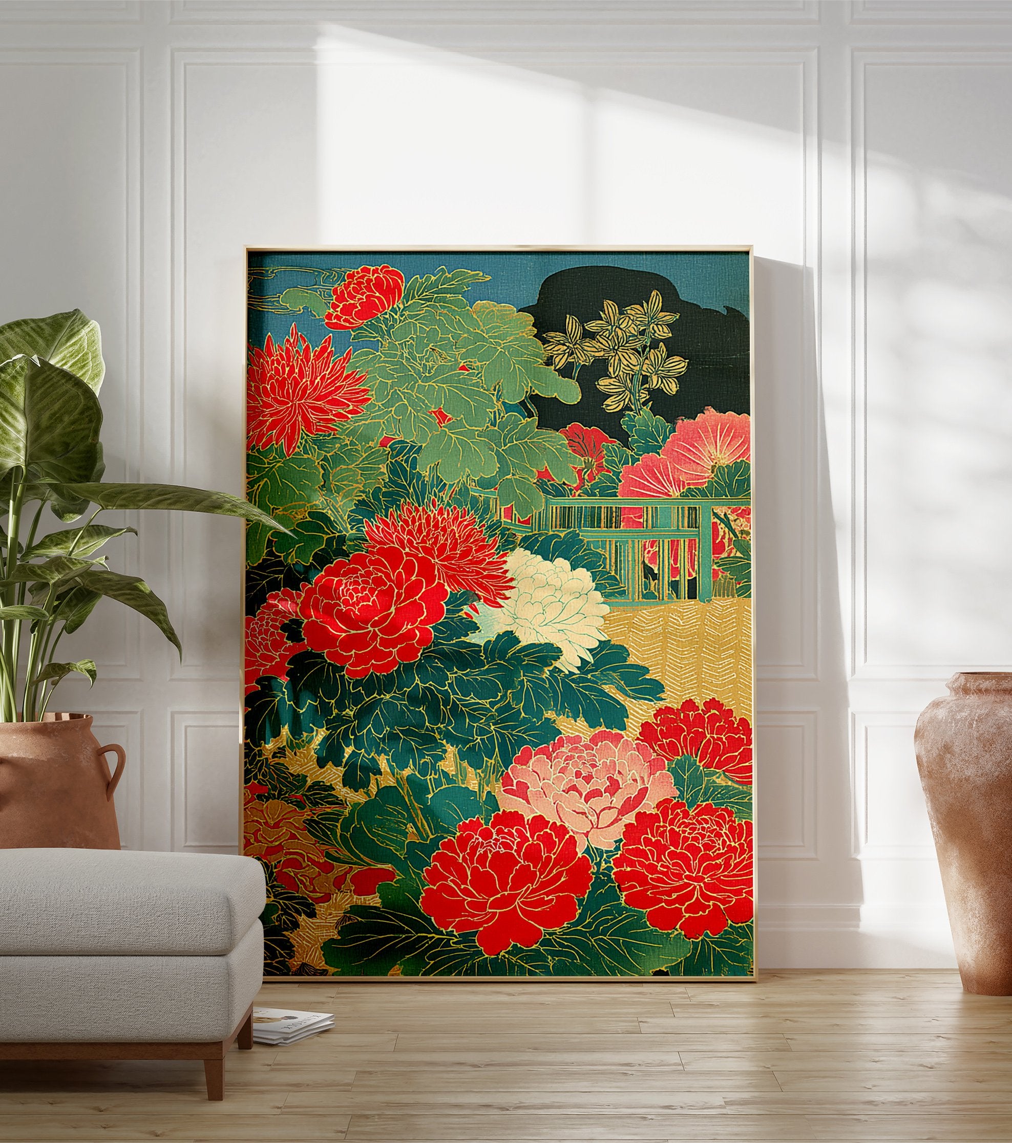 Japanese peony poster with vibrant red flowers, green leaves, and a traditional fence detail on a dark teal background. - Image 3