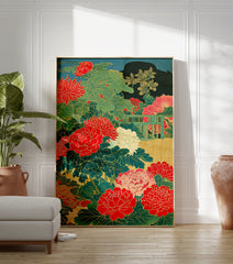 Japanese peony poster with vibrant red flowers, green leaves, and a traditional fence detail on a dark teal background. - Image 3