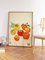 Japanese Persimmon Wall Art print showing a watercolor illustration of yellow, orange, and red persimmons with green leaves. - Image 2