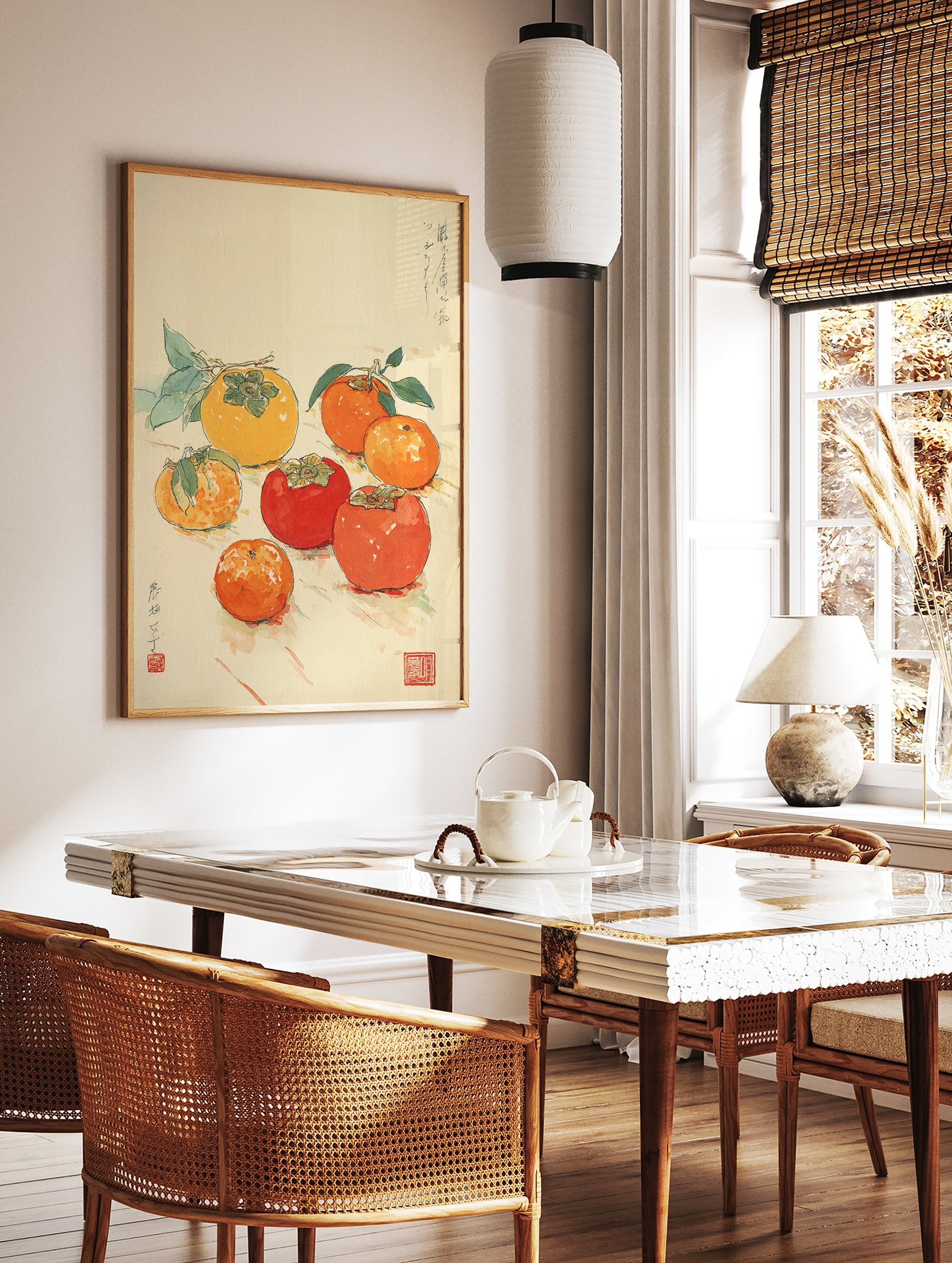 Japanese Persimmon Wall Art print showing a watercolor illustration of yellow, orange, and red persimmons with green leaves. - Image 3