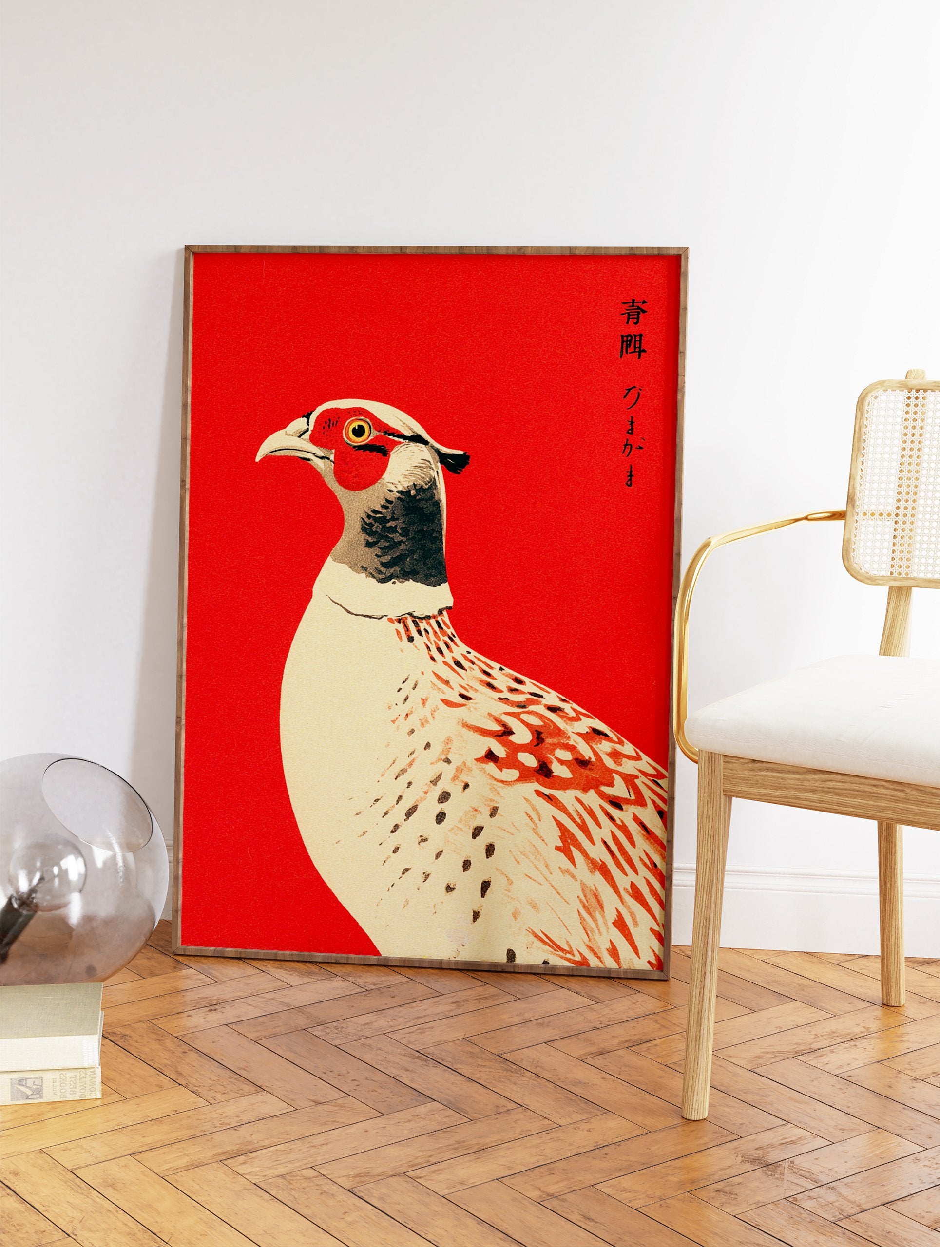 Japanese pheasant bird illustration art print on a vibrant red background in Ukiyo-e style. - Image 2