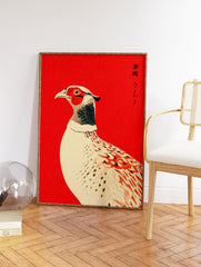 Japanese pheasant bird illustration art print on a vibrant red background in Ukiyo-e style. - Image 2