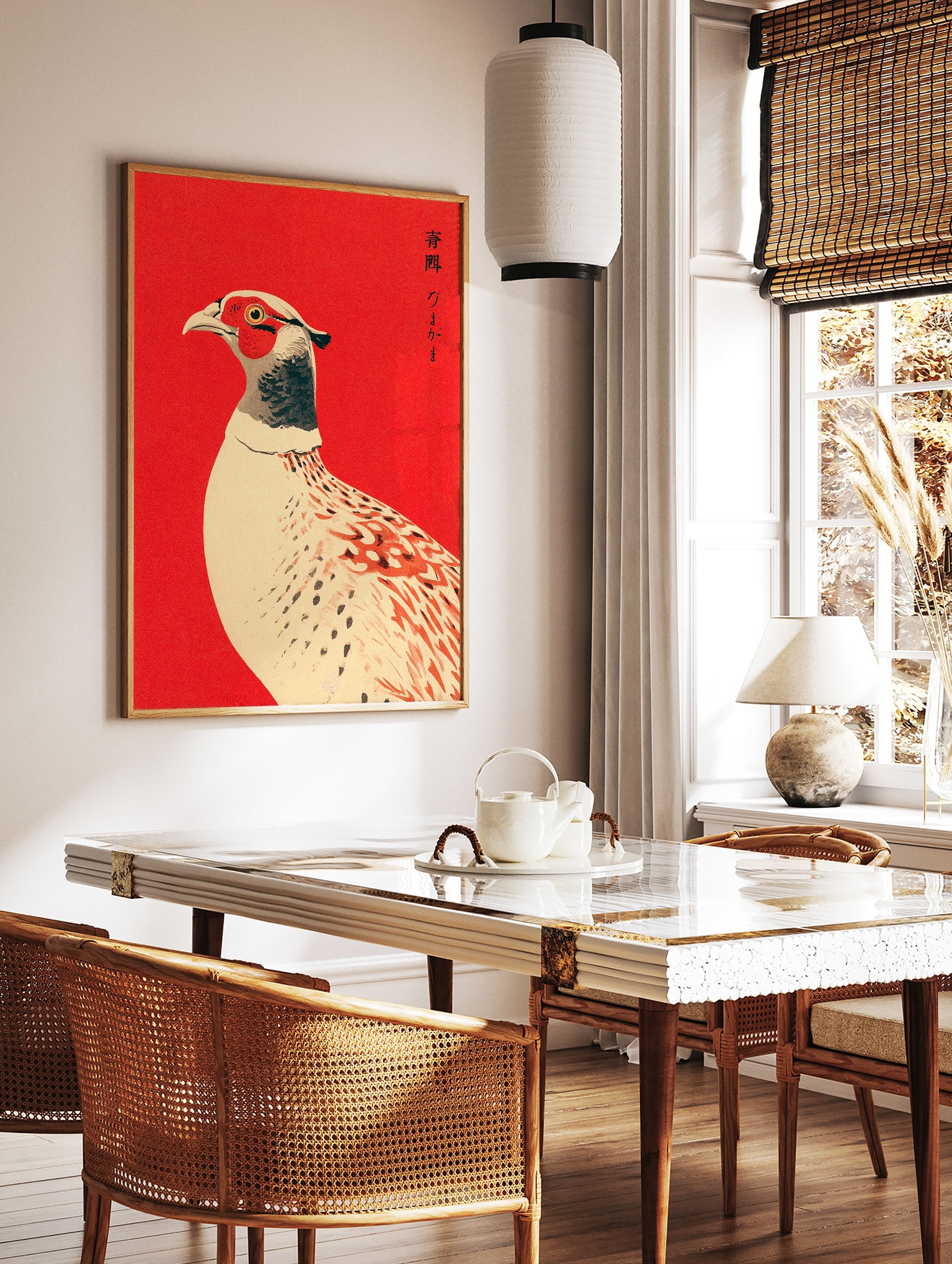 Japanese pheasant bird illustration art print on a vibrant red background in Ukiyo-e style. - Image 3