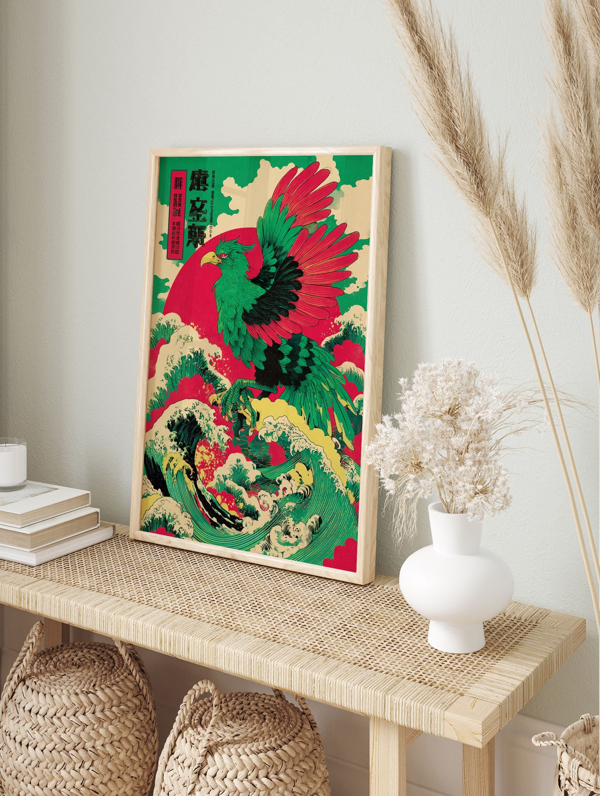 Japanese Phoenix poster featuring a green and red mythical bird flying over crashing waves with a red sun background. - Image 4