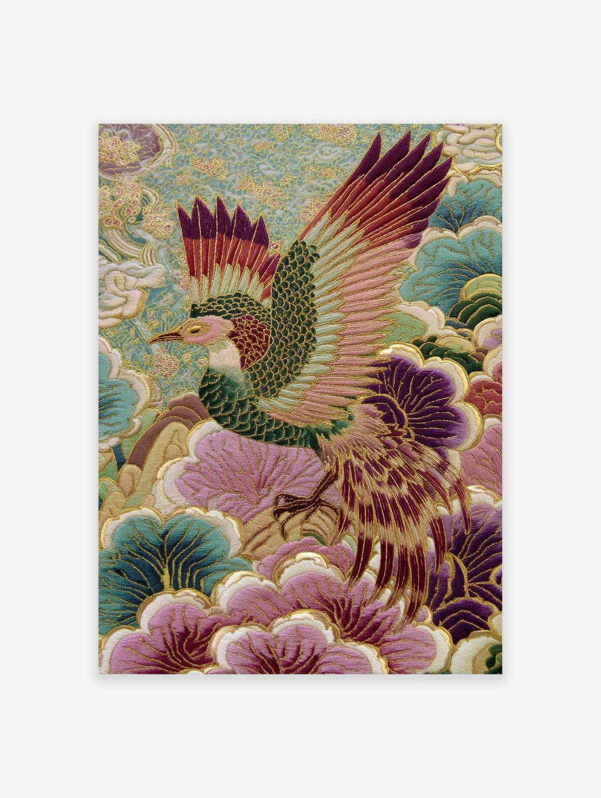 Embroidered Japanese phoenix bird with colorful wings and tail feathers amidst teal and purple floral patterns.