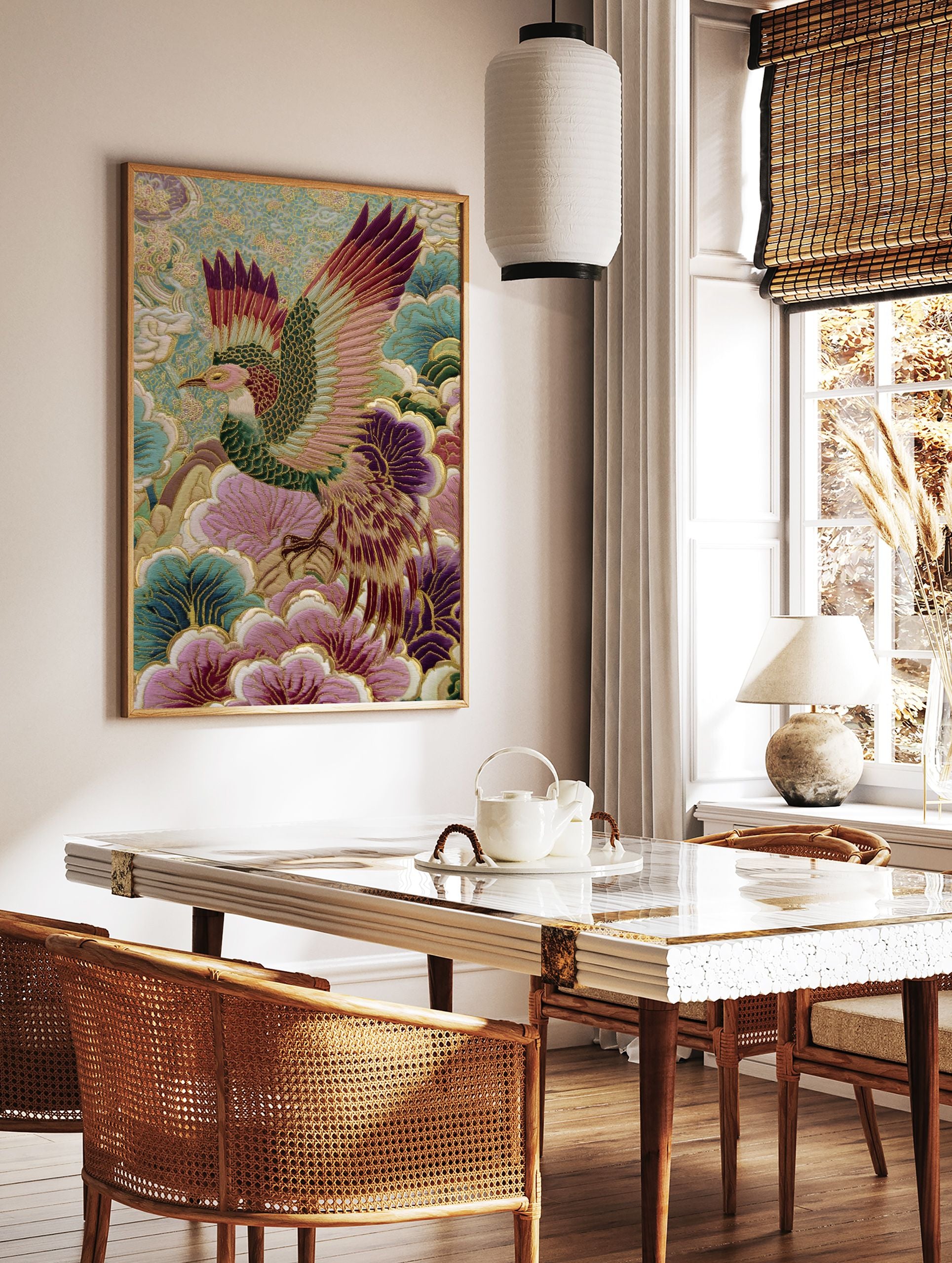 Embroidered Japanese phoenix bird with colorful wings and tail feathers amidst teal and purple floral patterns. - Image 3