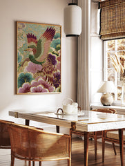 Embroidered Japanese phoenix bird with colorful wings and tail feathers amidst teal and purple floral patterns. - Image 3