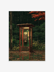 Japanese phone booth poster in the rain at night, with red autumn leaves and green trees, reflecting on wet ground, anime style.