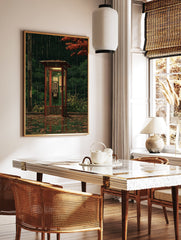 Japanese phone booth poster in the rain at night, with red autumn leaves and green trees, reflecting on wet ground, anime style. - Image 2