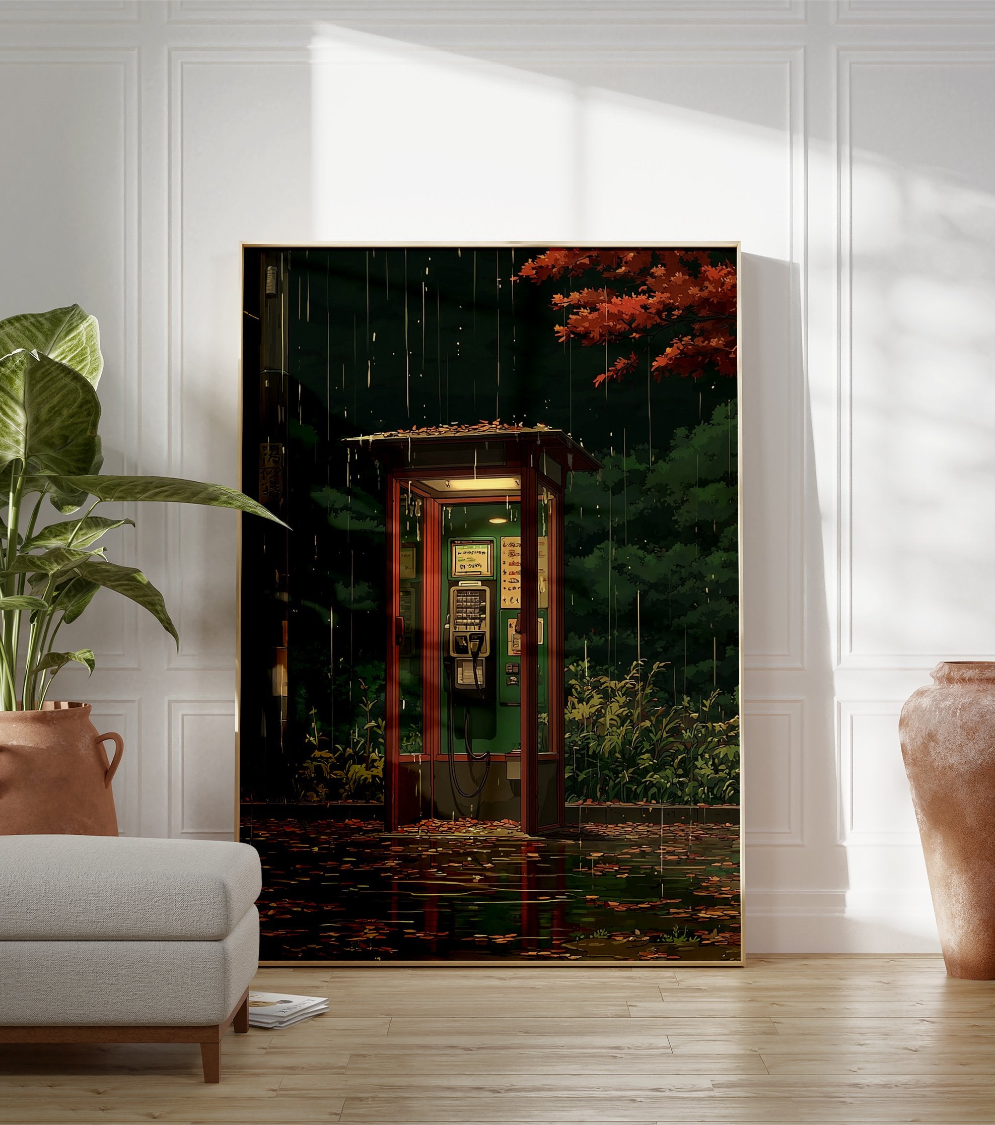 Japanese phone booth poster in the rain at night, with red autumn leaves and green trees, reflecting on wet ground, anime style. - Image 3