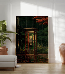 Japanese phone booth poster in the rain at night, with red autumn leaves and green trees, reflecting on wet ground, anime style. - Image 3