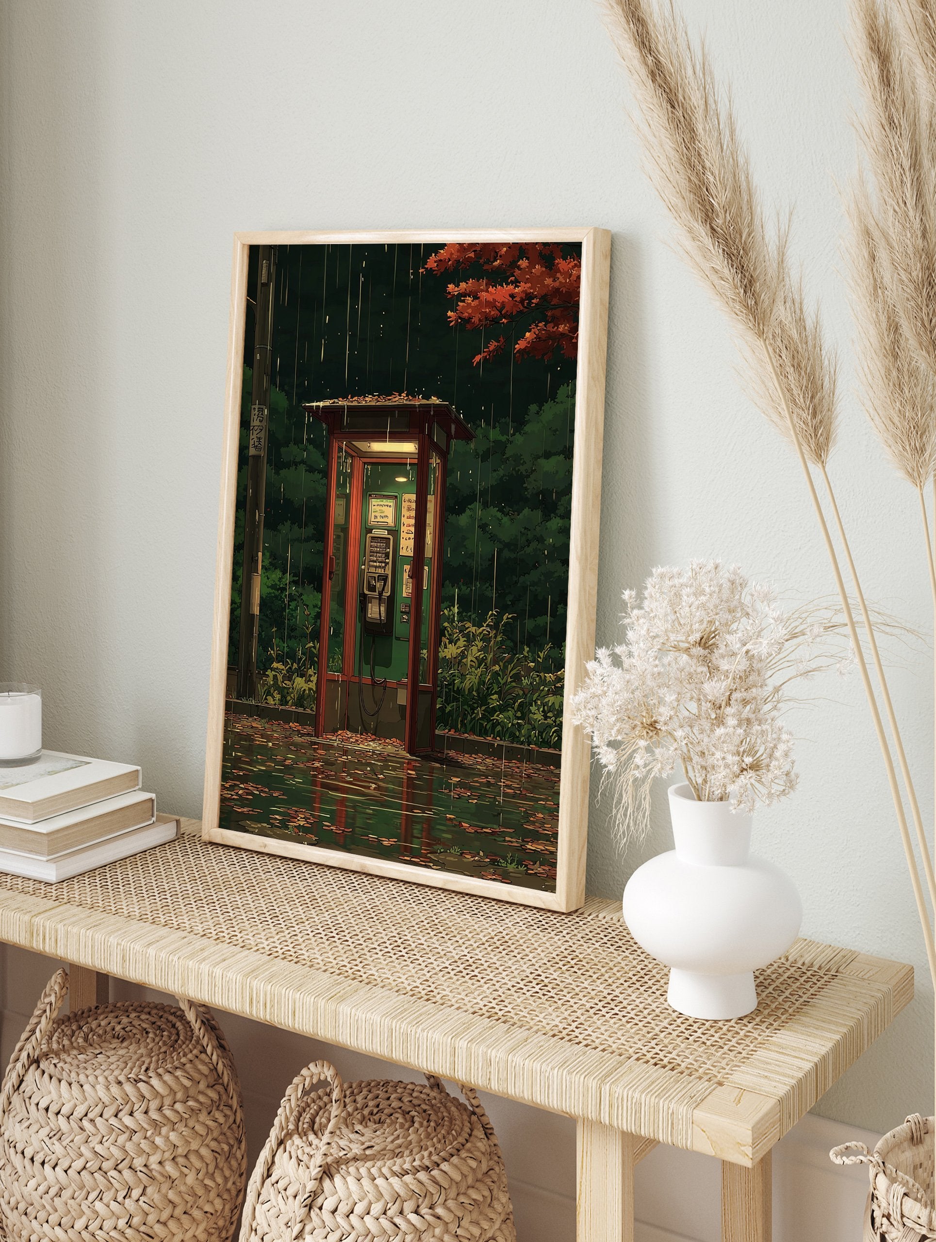 Japanese phone booth poster in the rain at night, with red autumn leaves and green trees, reflecting on wet ground, anime style. - Image 4