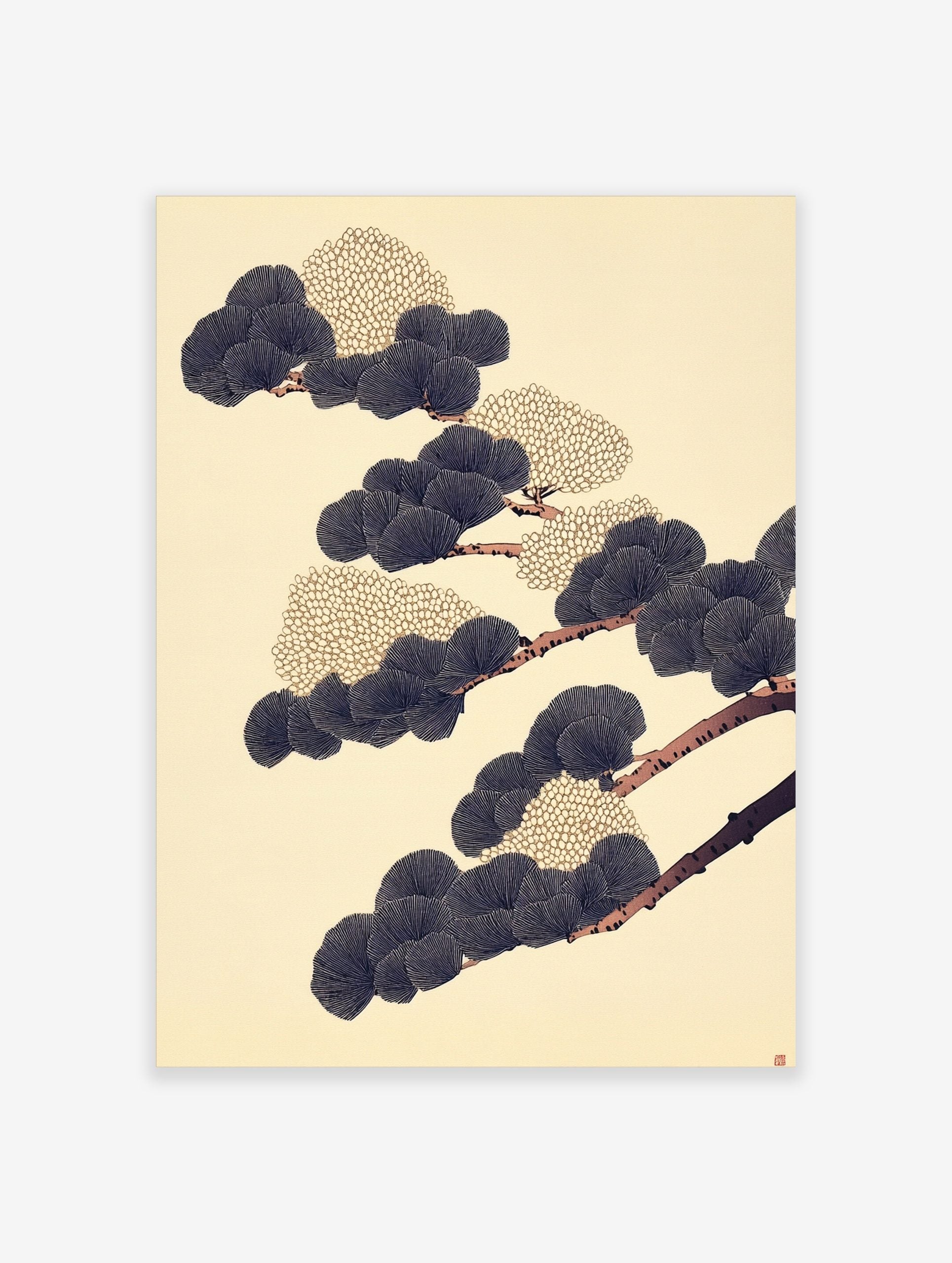 Japanese pine branch illustration with navy fan-shaped needles and gold textured clusters on cream background
