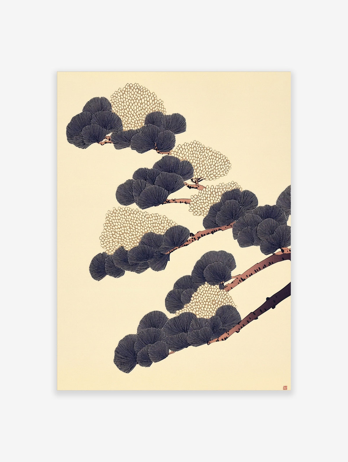 Japanese pine branch illustration with navy fan-shaped needles and gold textured clusters on cream background