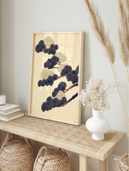 Japanese pine branch illustration with navy fan-shaped needles and gold textured clusters on, in an alternate framed mockup