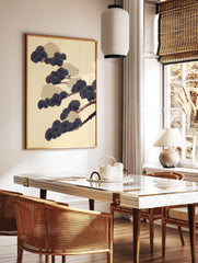 Japanese pine branch illustration with navy fan-shaped needles and gold textured clusters on cream, in a styled room mockup