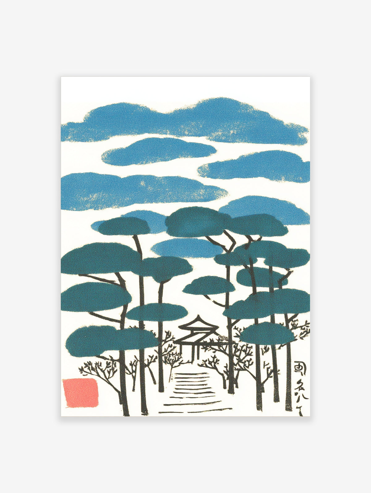 Japanese pine forest art print with blue clouds, small pavilion, and stepped path