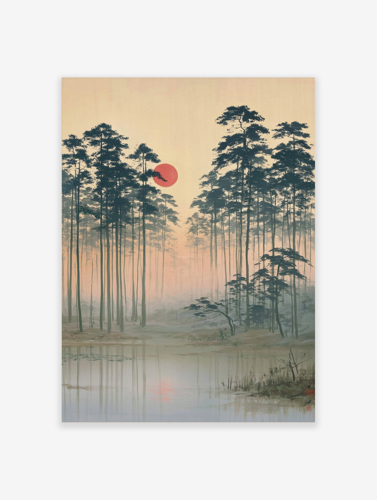 Japanese pine forest poster with red sun, misty lake, and muted green trees