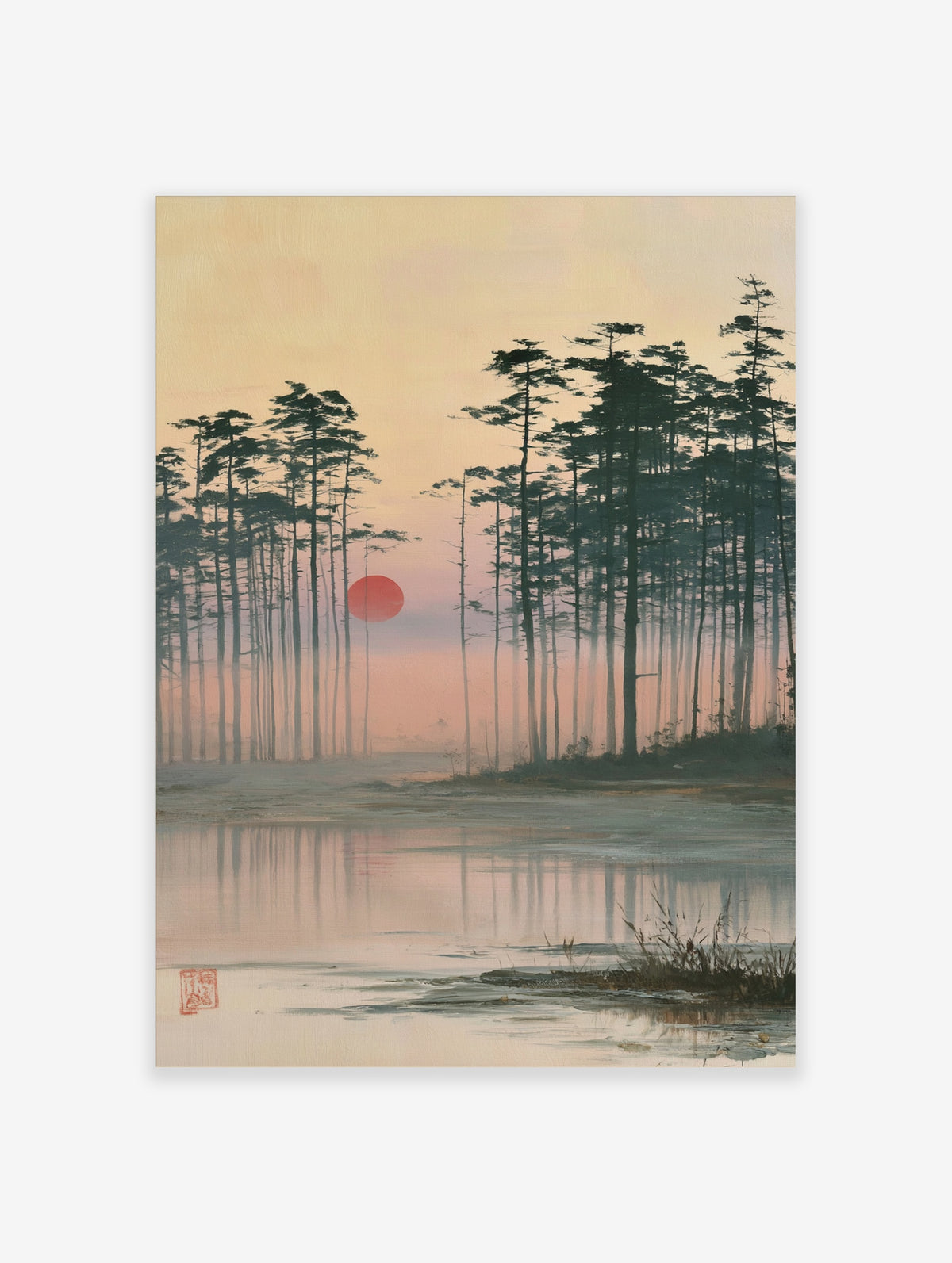 Japanese pine forest poster with red sun, misty lake, and pink sky reflections
