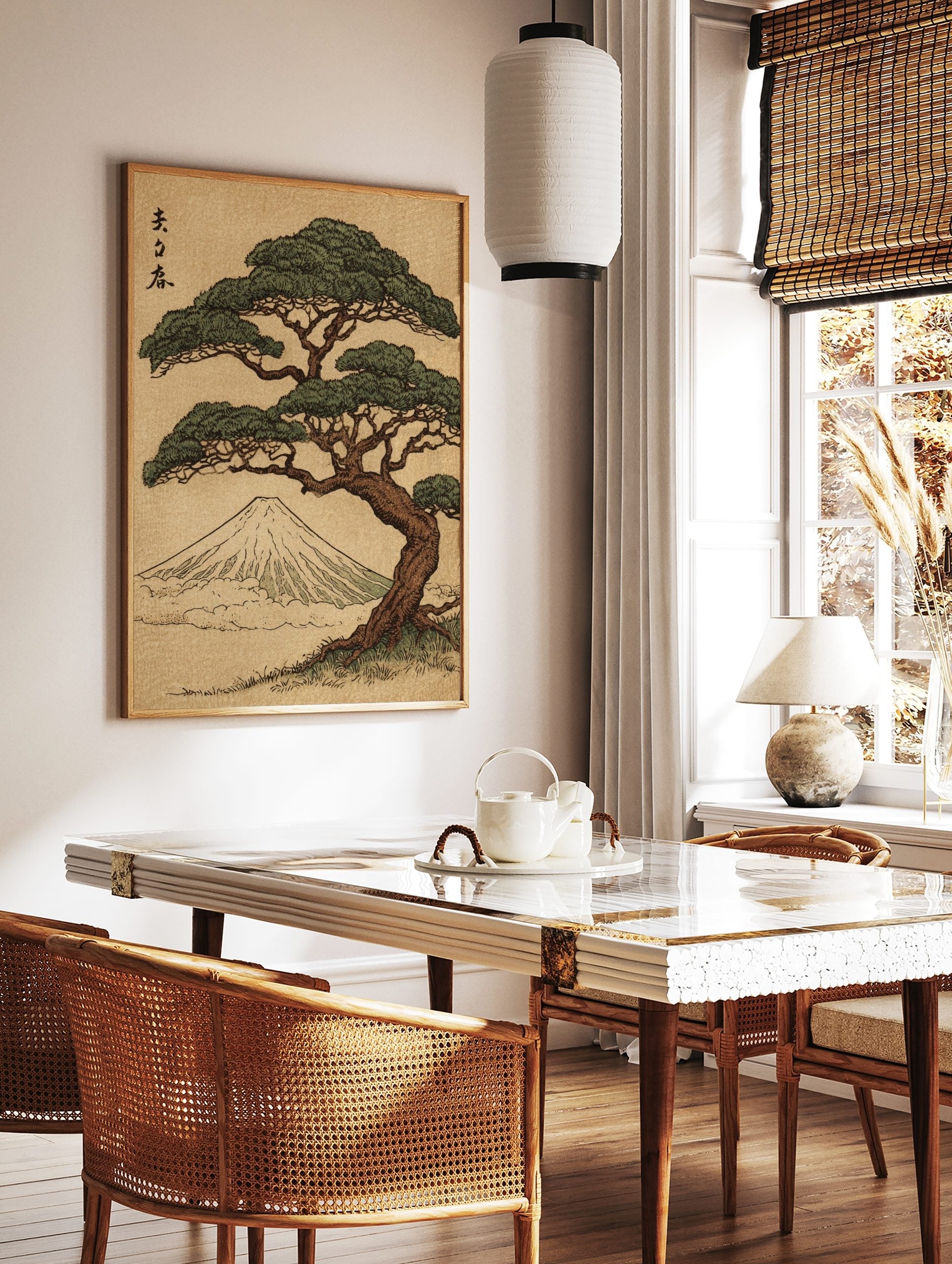 Japanese woodblock print of a pine tree with green foliage, Mount Fuji, and calligraphy on a beige, in a styled room mockup