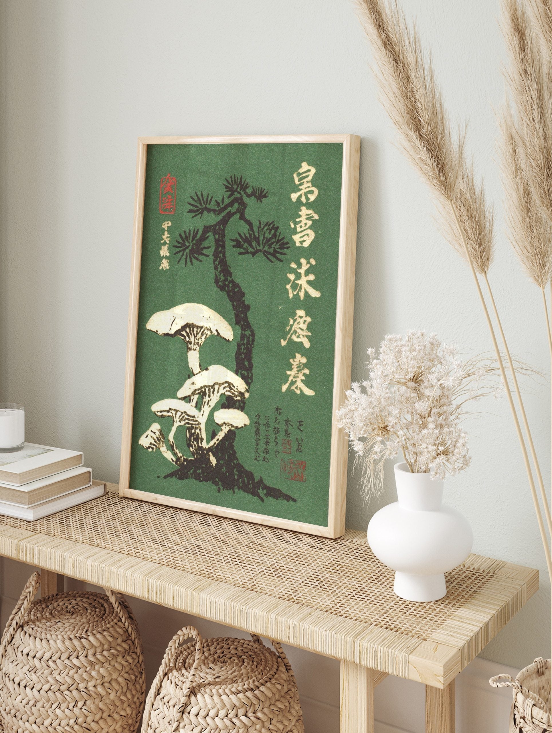 Japanese ukiyo-e style art print of white mushrooms on a pine tree with kanji script on a, in an alternate framed mockup