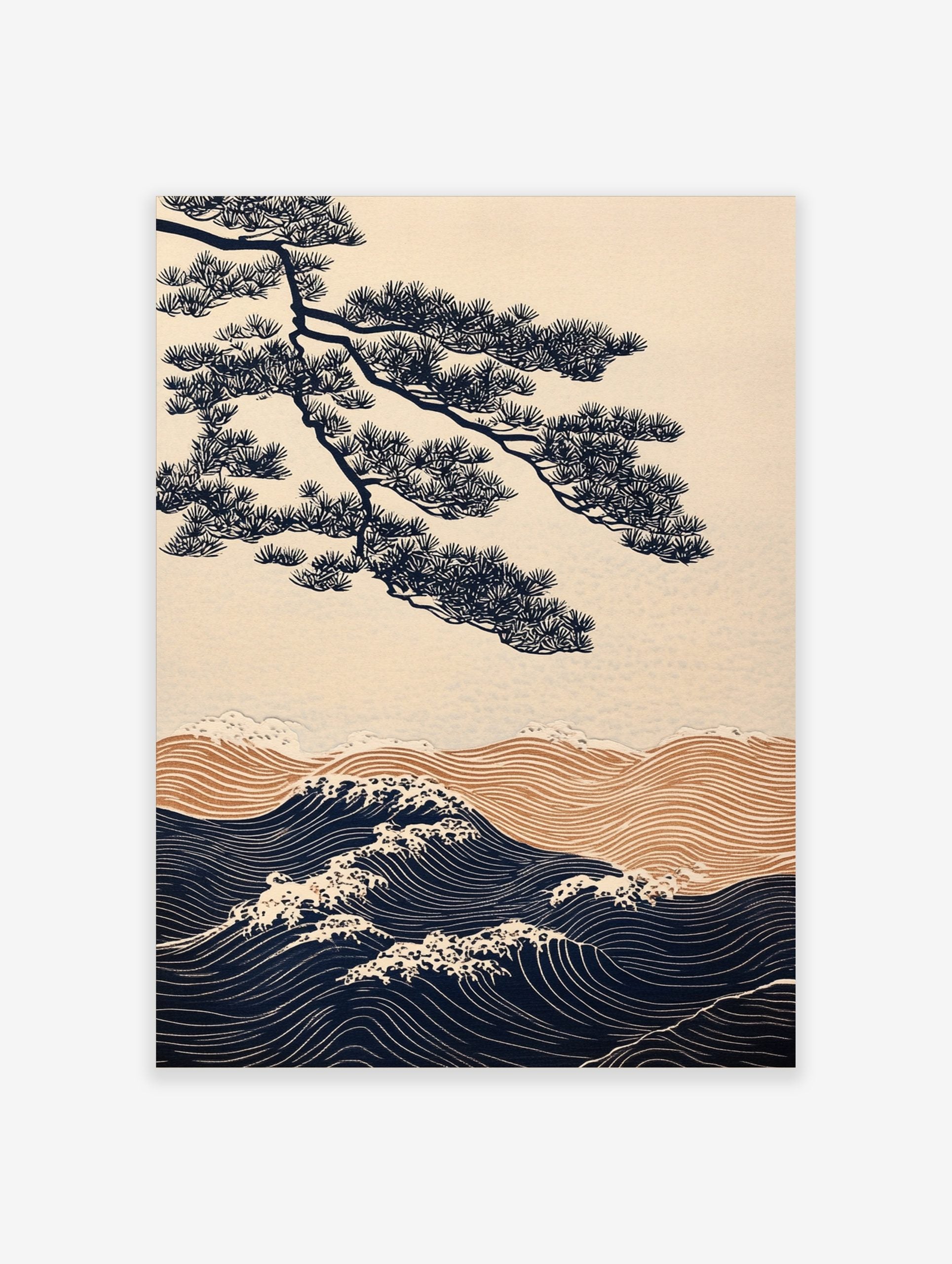 Japanese illustrative wall art with navy pine tree branch over golden and navy ocean waves with white foam