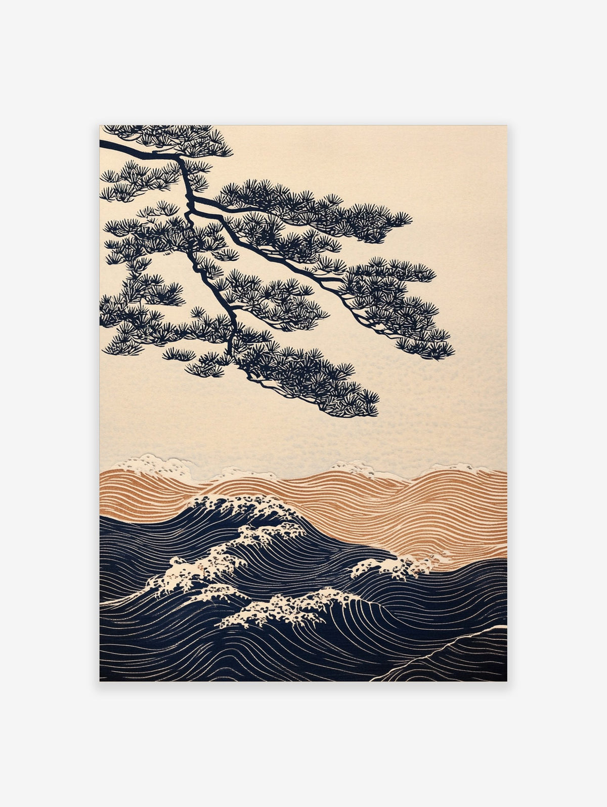 Japanese illustrative wall art with navy pine tree branch over golden and navy ocean waves with white foam