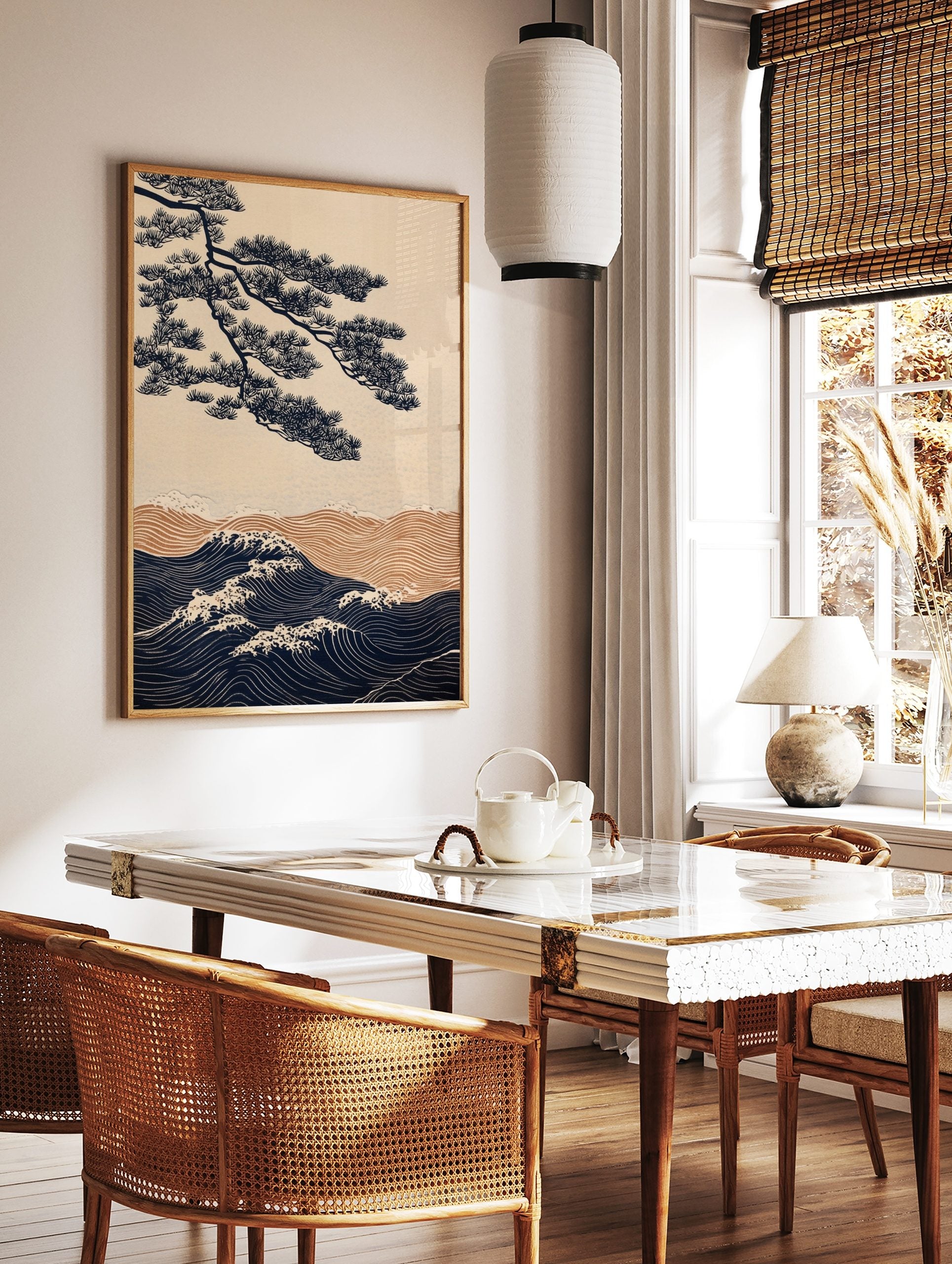 Japanese illustrative wall art with navy pine tree branch over golden and navy ocean waves with, in a styled room mockup