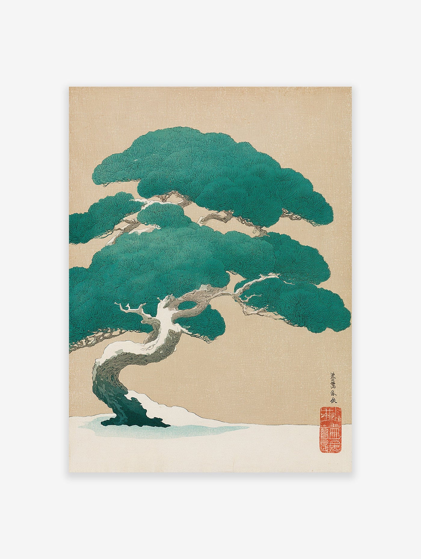 Japanese pine tree art print with snow on branches against a beige background. Ukiyo-e winter landscape.