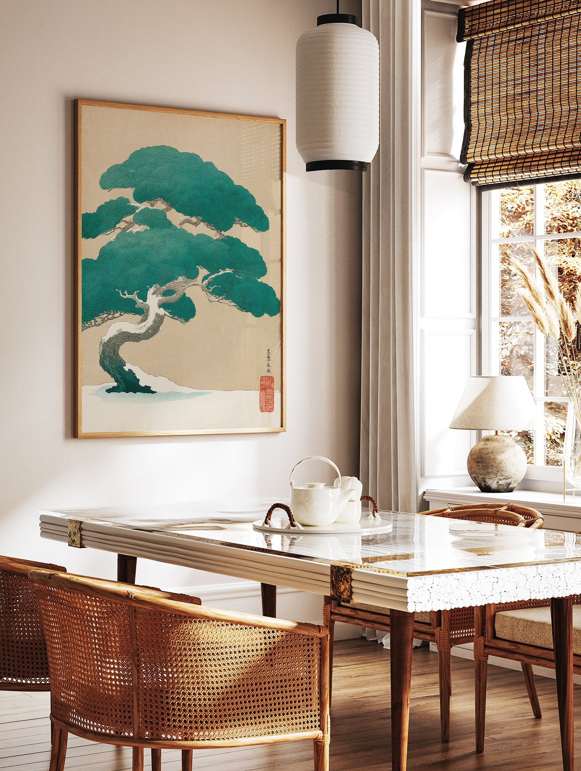Japanese pine tree art print with snow on branches against a beige background. Ukiyo-e winter landscape. - Image 2