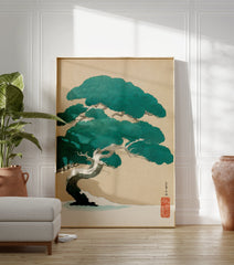 Japanese pine tree art print with snow on branches against a beige background. Ukiyo-e winter landscape. - Image 3