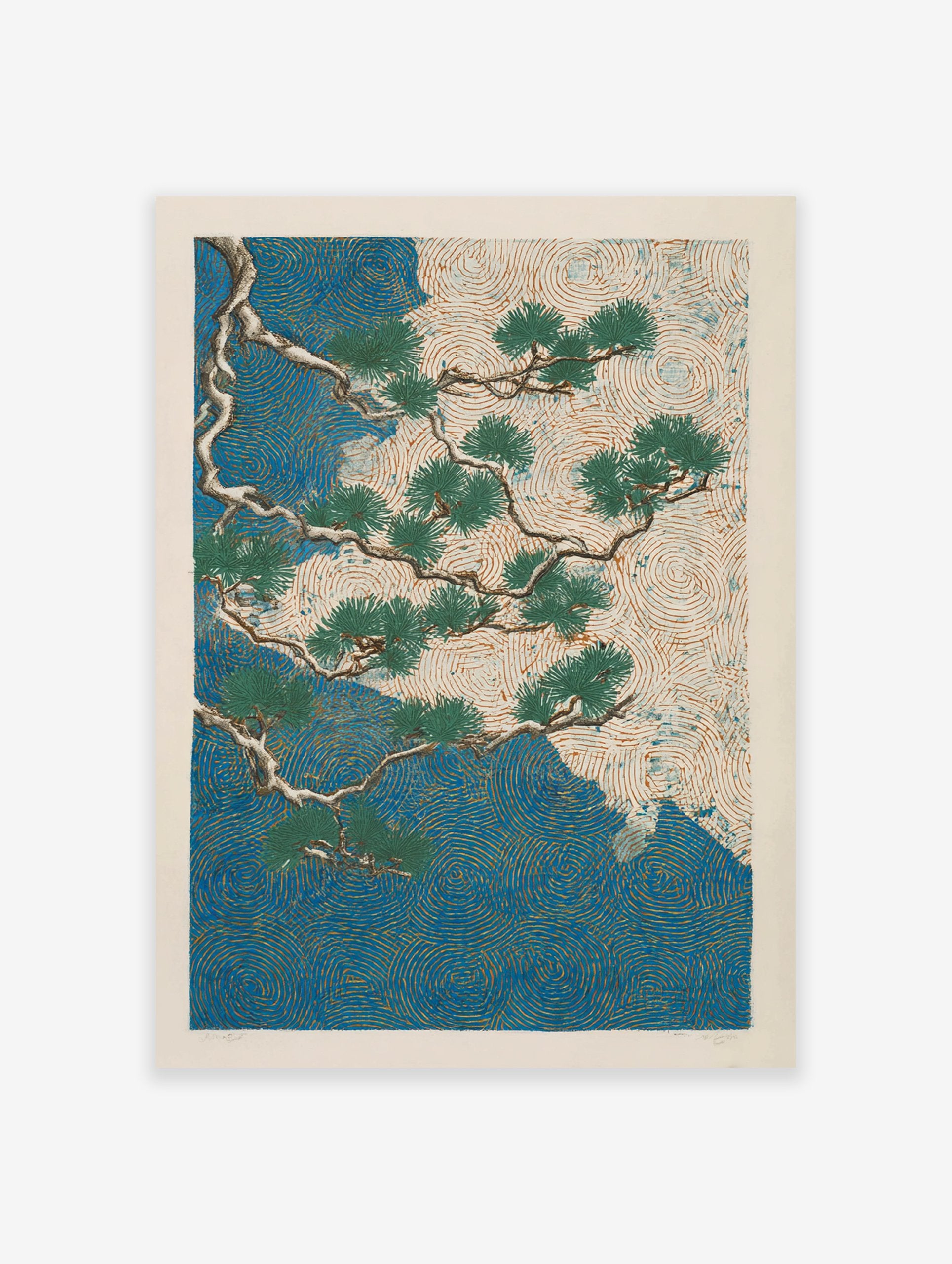 Japanese Pine Tree poster with green branches over a blue and cream background with swirling gold lines.