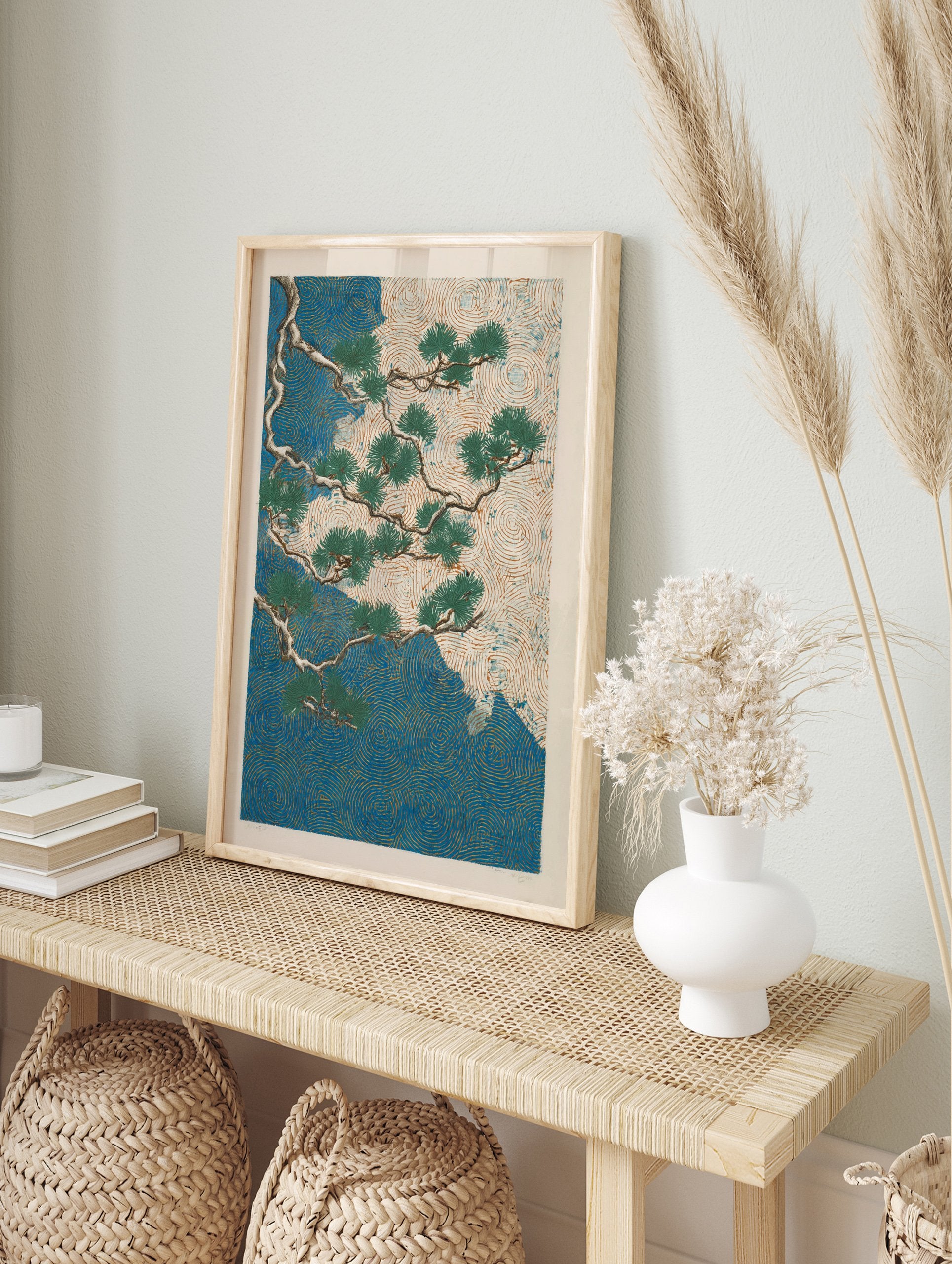 Japanese Pine Tree poster with green branches over a blue and cream background with swirling gold lines. - Image 4