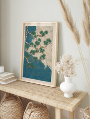 Japanese Pine Tree poster with green branches over a blue and cream background with swirling gold lines. - Image 4