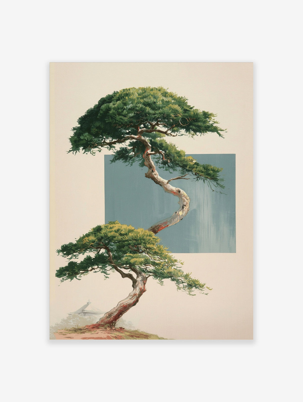 Japanese pine tree poster with twisting bonsai trunk and green foliage over a blue panel on cream background