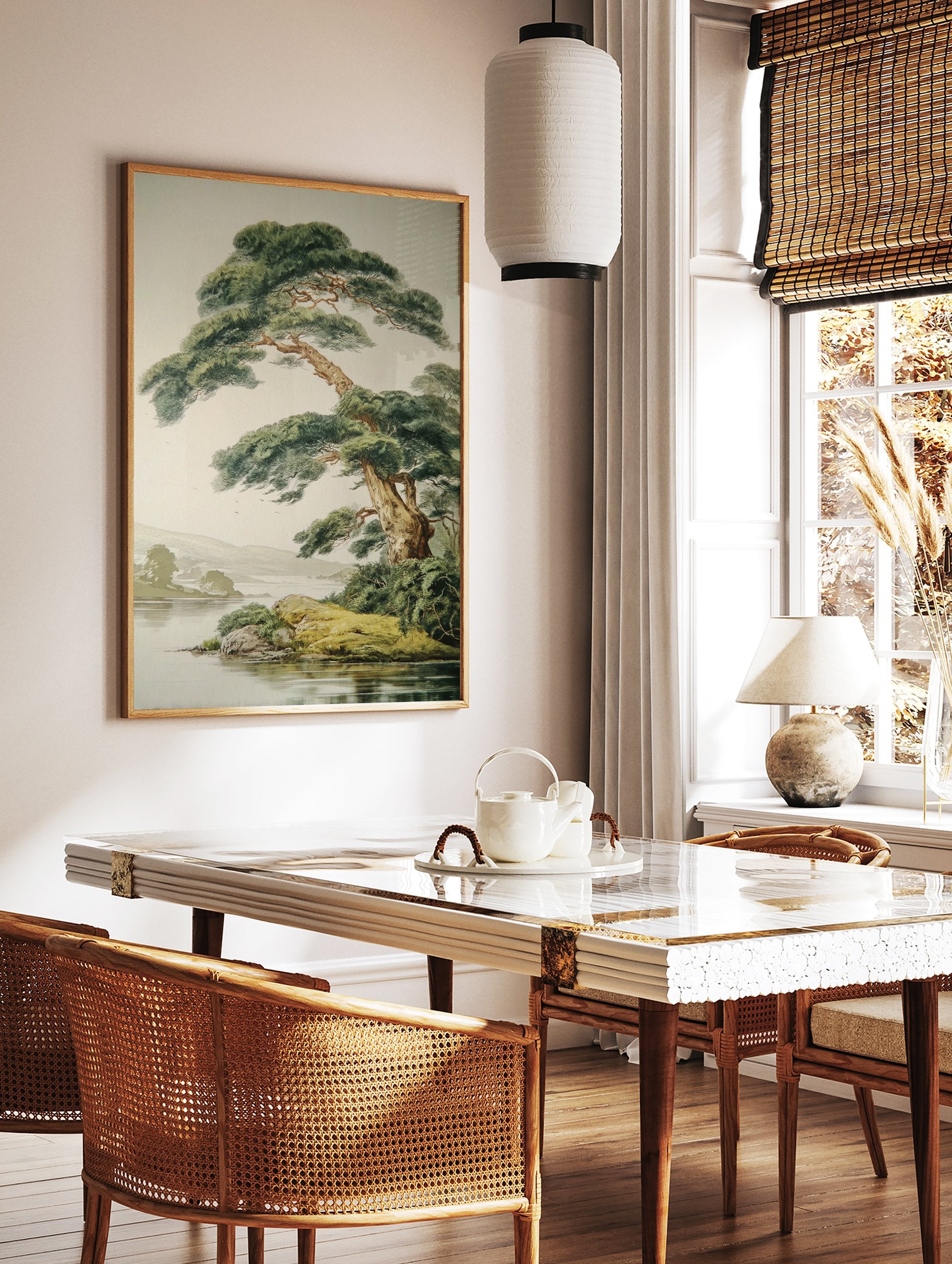 Japanese Pine Tree poster by a lake with distant mountains, illustrated in a traditional Asian art style. - Image 2