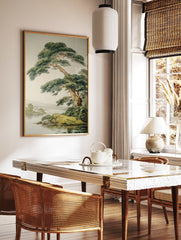 Japanese Pine Tree poster by a lake with distant mountains, illustrated in a traditional Asian art style. - Image 2