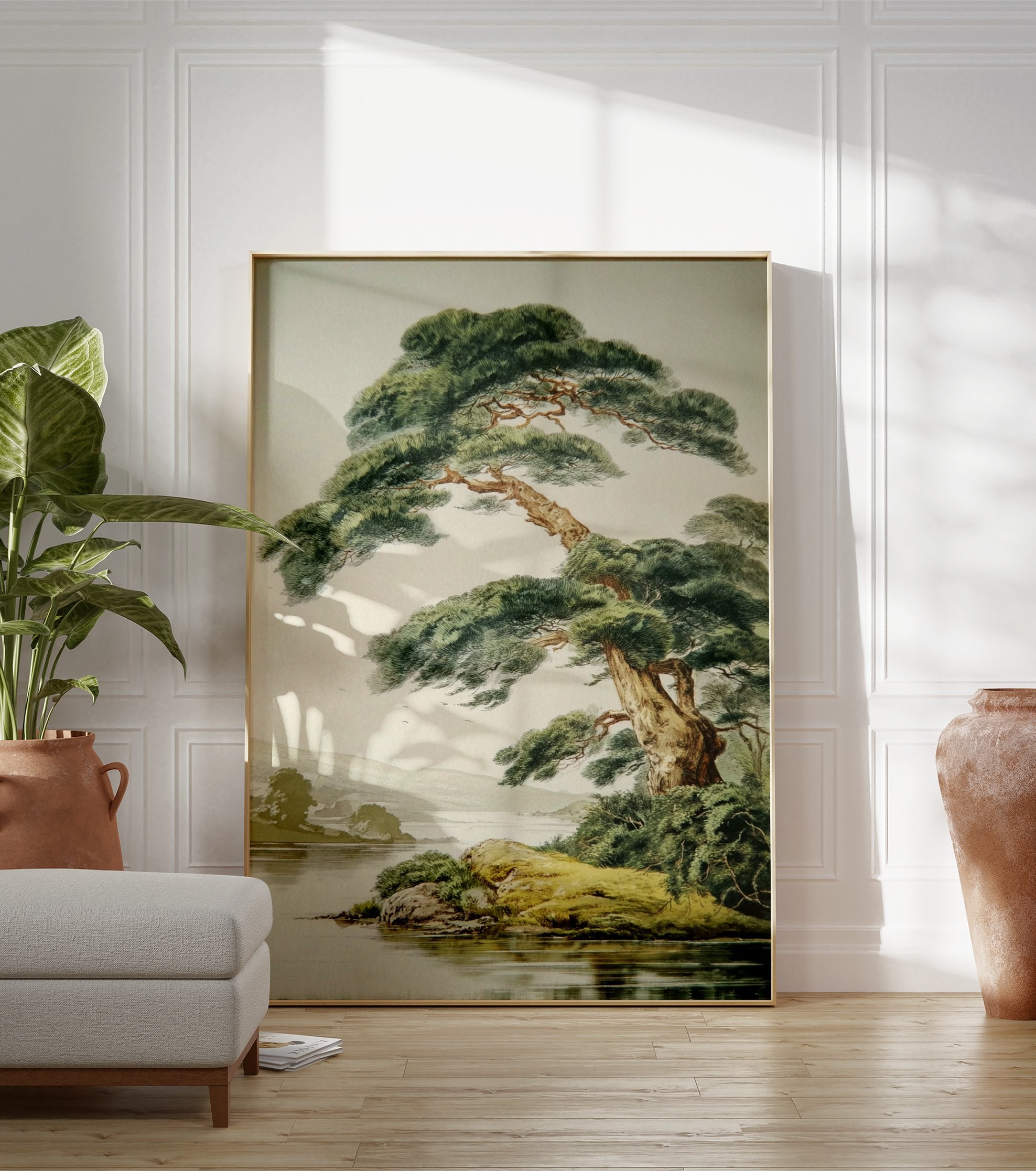 Japanese Pine Tree poster by a lake with distant mountains, illustrated in a traditional Asian art style. - Image 3