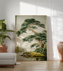 Japanese Pine Tree poster by a lake with distant mountains, illustrated in a traditional Asian art style. - Image 3