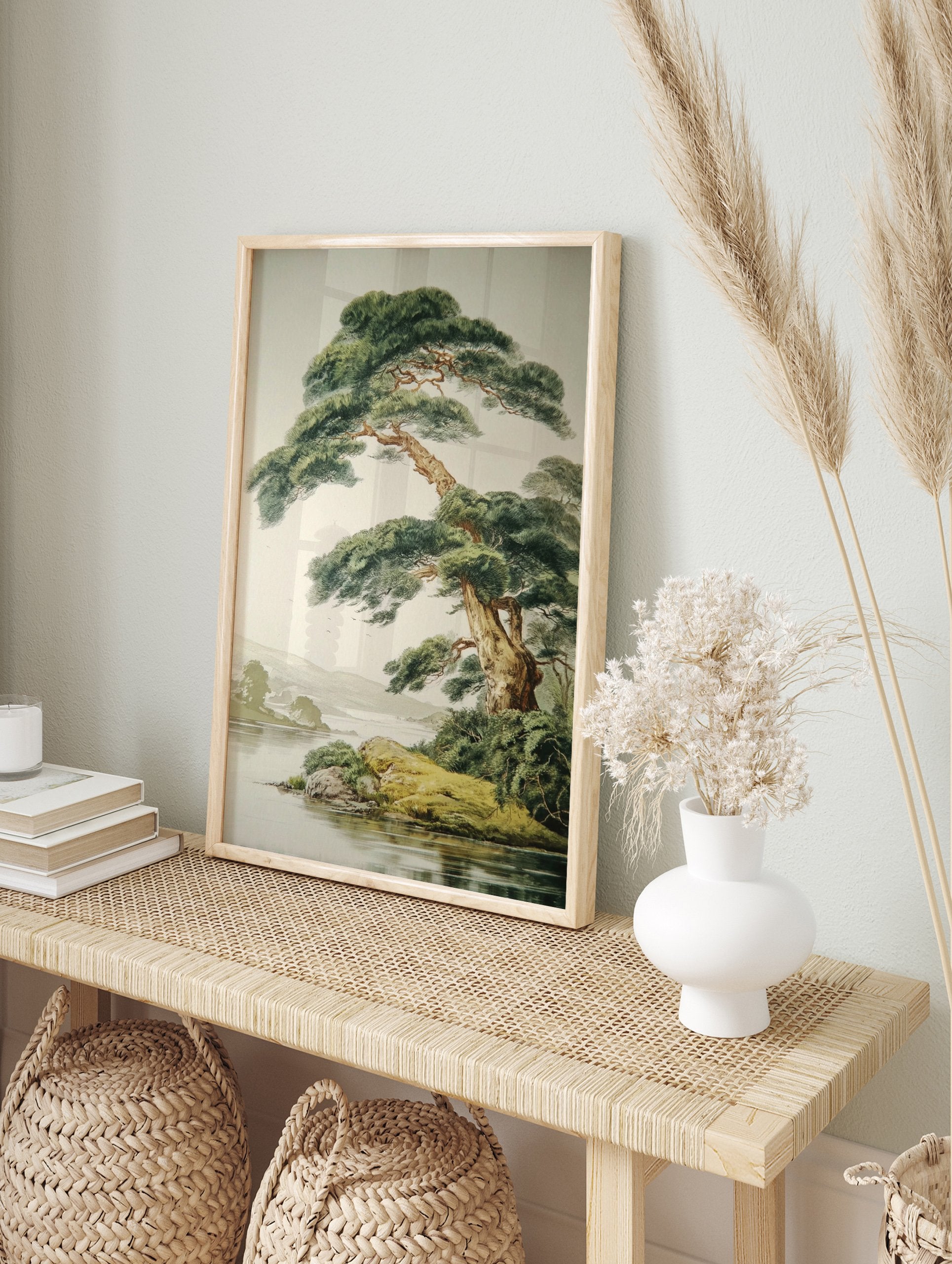 Japanese Pine Tree poster by a lake with distant mountains, illustrated in a traditional Asian art style. - Image 4