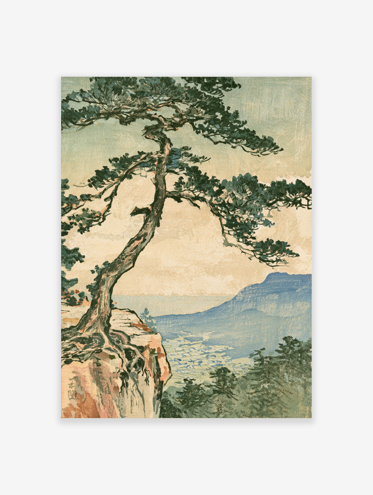 Japanese pine tree on rocky cliff with blue mountain landscape art print