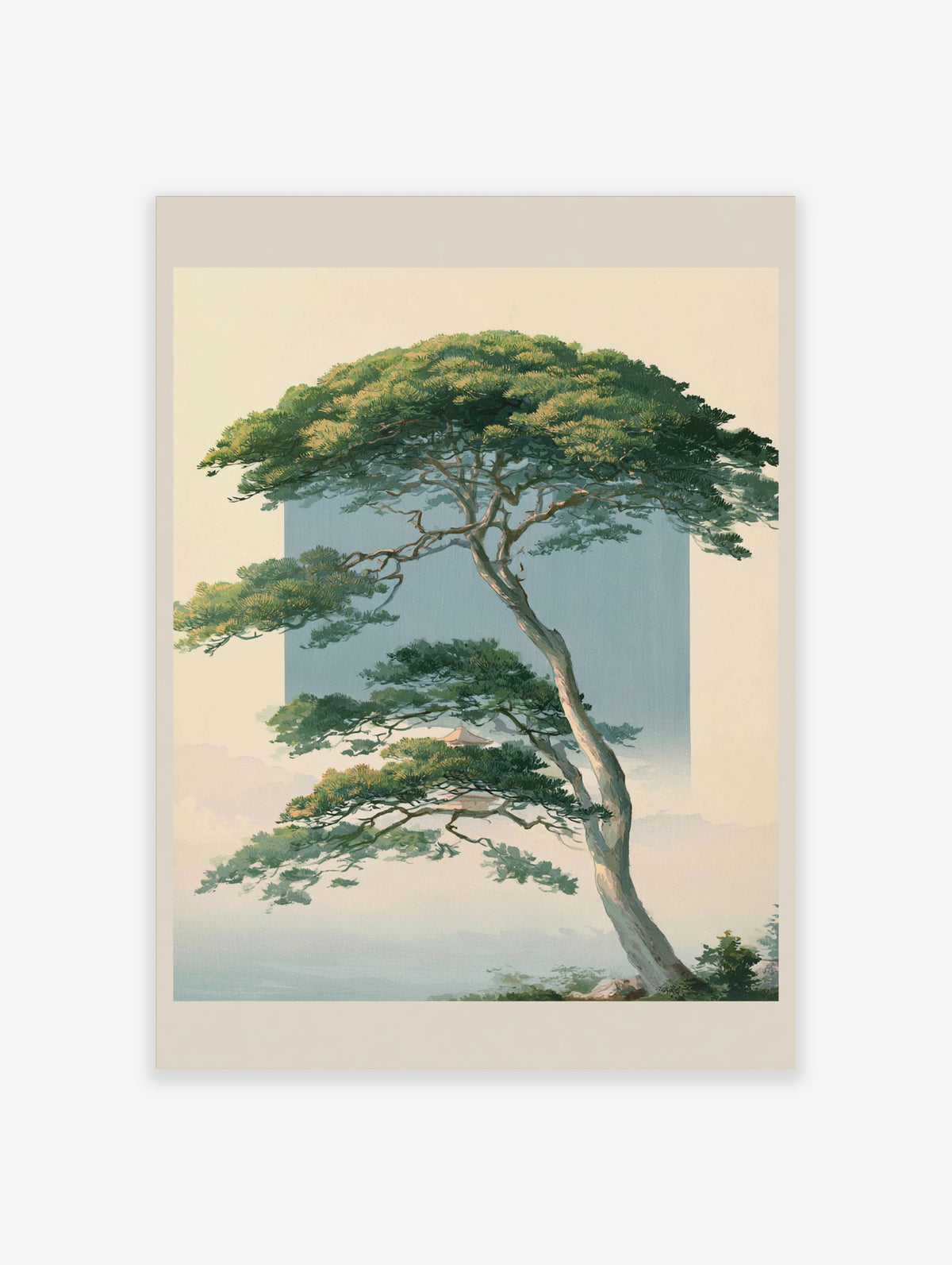 Japanese pine tree art print with layered green foliage, pale blue backdrop and pavilion