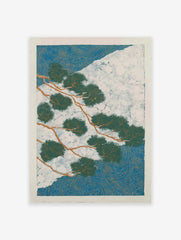Japanese Pine Tree Poster depicting green branches over a white mountain and blue swirling water patterns.