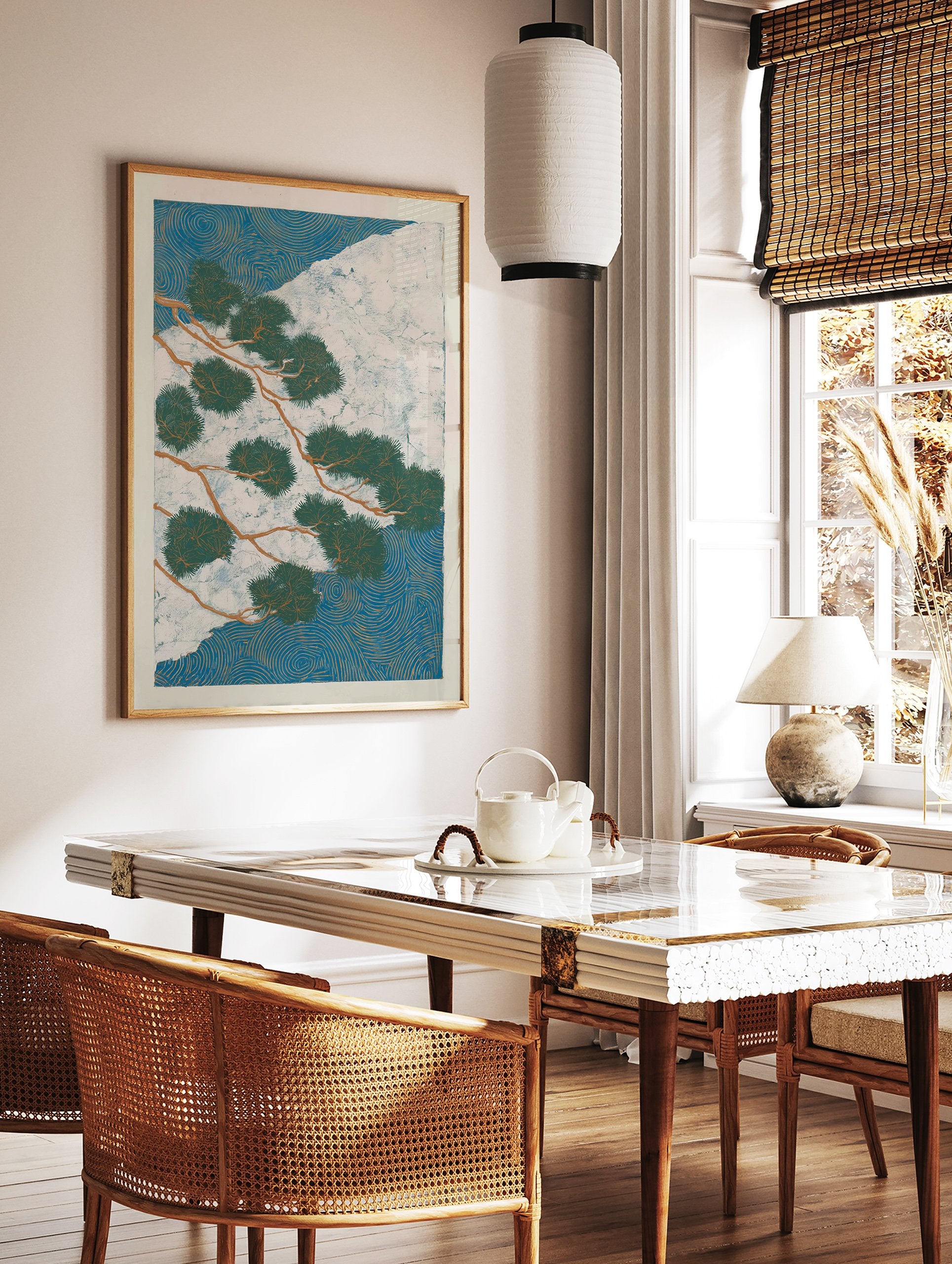 Japanese Pine Tree Poster depicting green branches over a white mountain and blue swirling water patterns. - Image 2