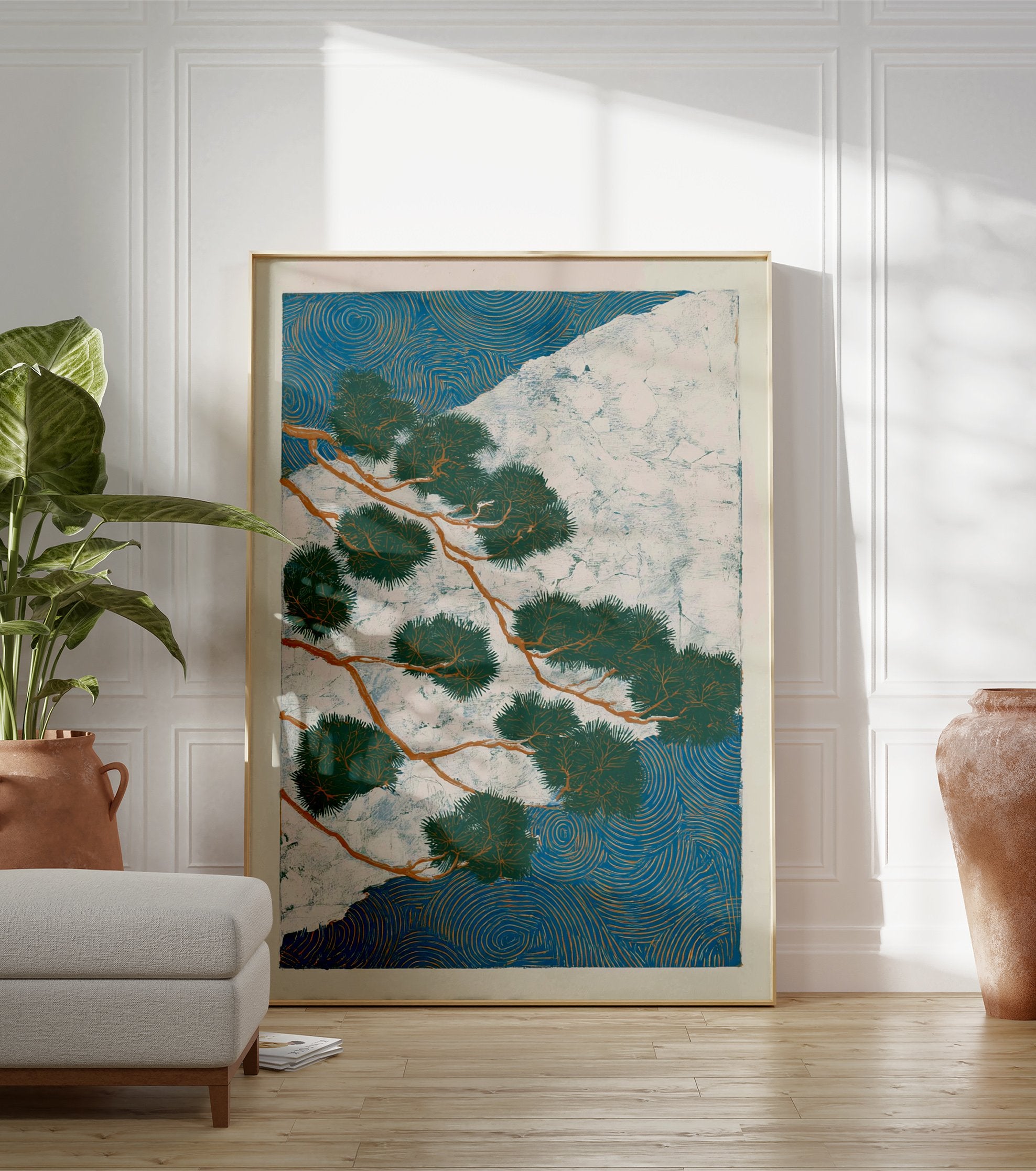 Japanese Pine Tree Poster depicting green branches over a white mountain and blue swirling water patterns. - Image 3