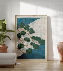 Japanese Pine Tree Poster depicting green branches over a white mountain and blue swirling water patterns. - Image 3